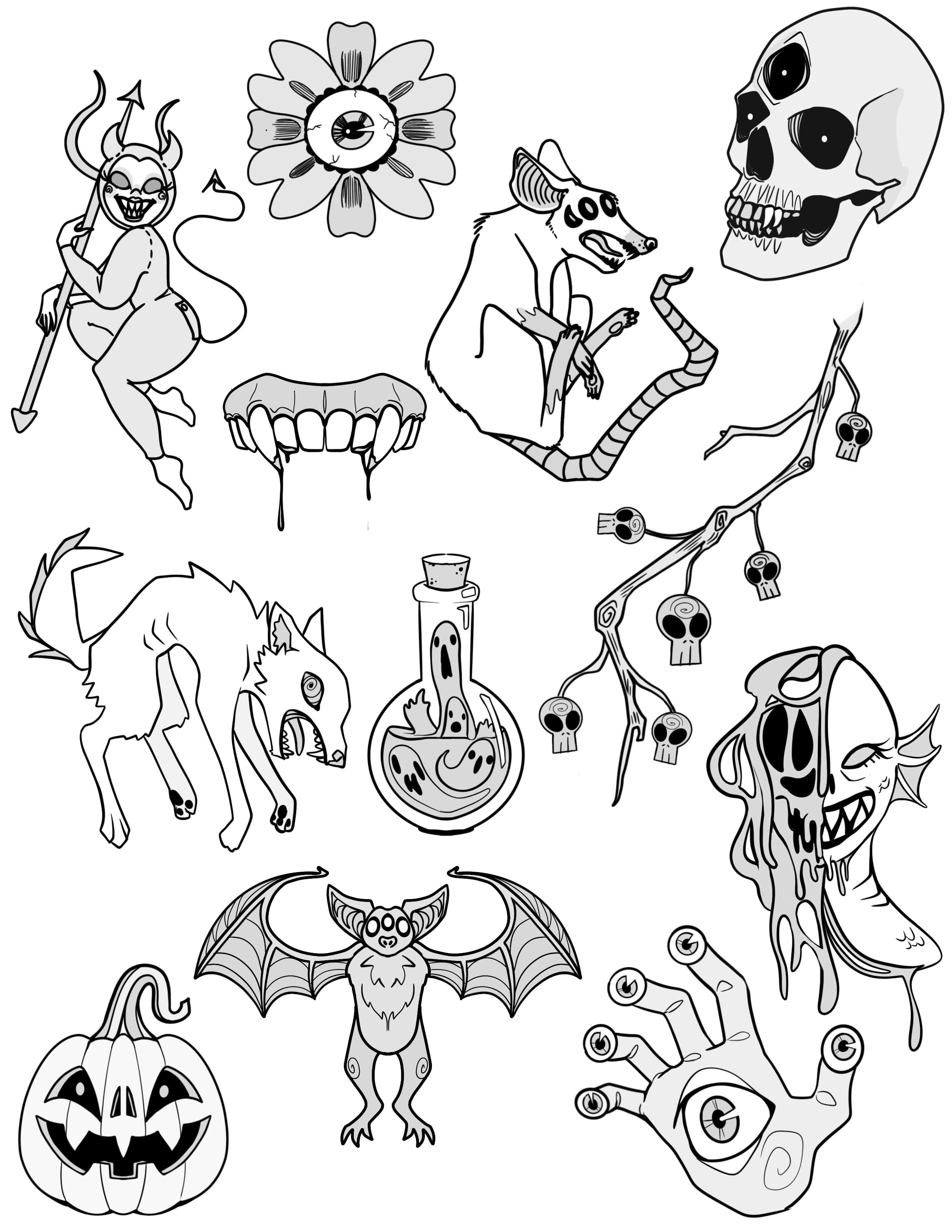 page of small creepy themed tattoo flash